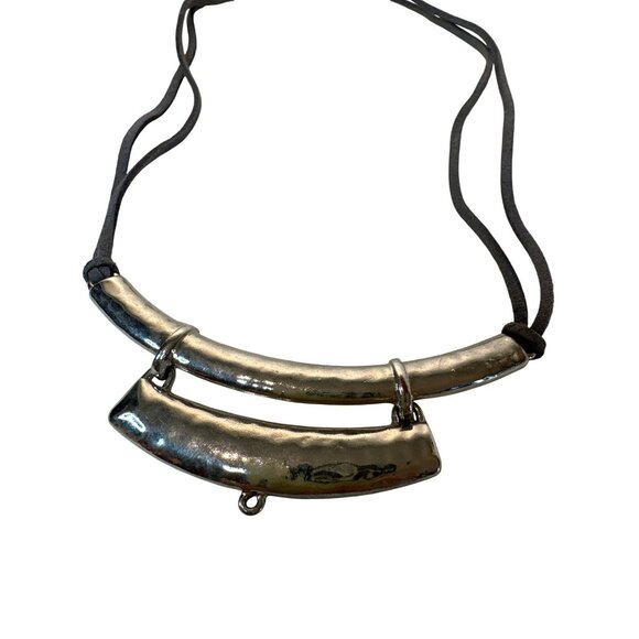 Silver-Tone Crescent Necklace Brown Suede Cord Boho Statement Jewelry Earthy - Picture 2 of 2